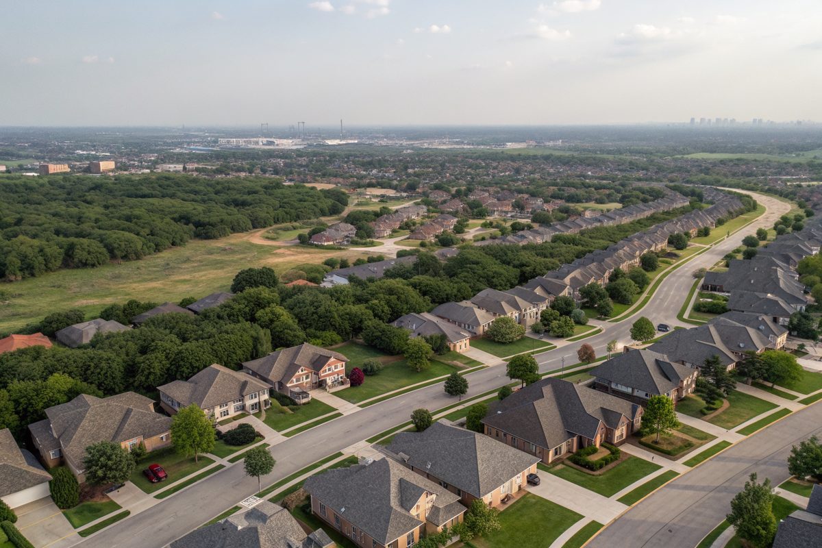 Aerial view of a wide flat North Texas suburb of shingle roofs and curving streets with a skyline in the haze