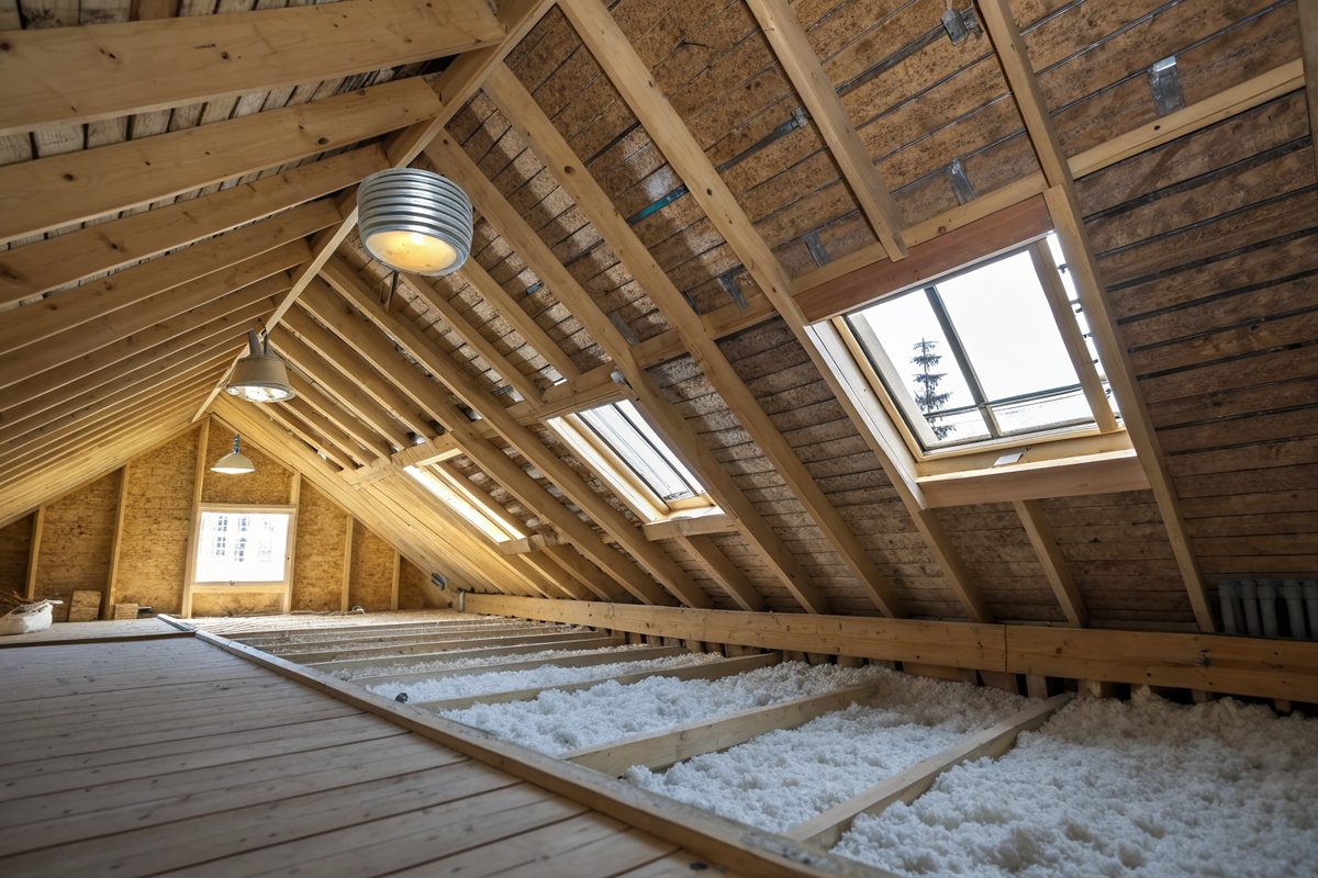 An attic with rafters, roof decking and blown insulation lit through vents