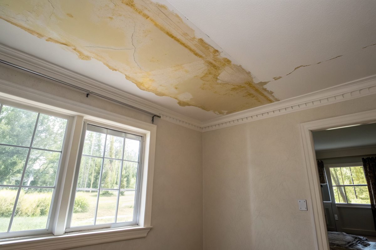 A yellowed water stain spreading across a bedroom ceiling