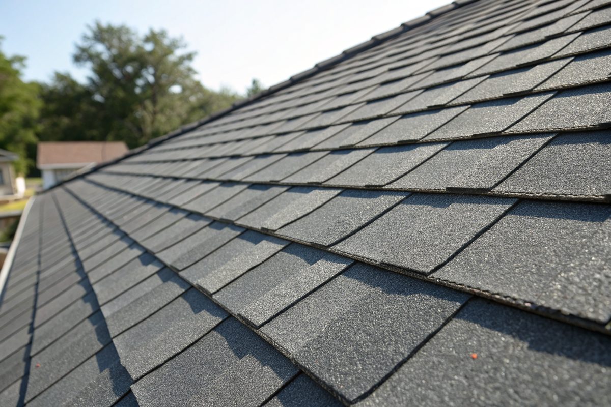 Close view of thick impact-resistant architectural shingles in a dark gray blend
