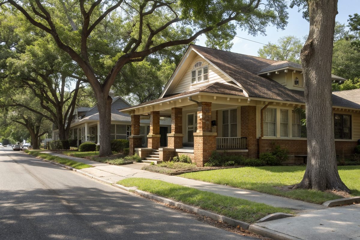 A craftsman bungalow with a deep porch and brick piers on a quiet older street under pecan trees