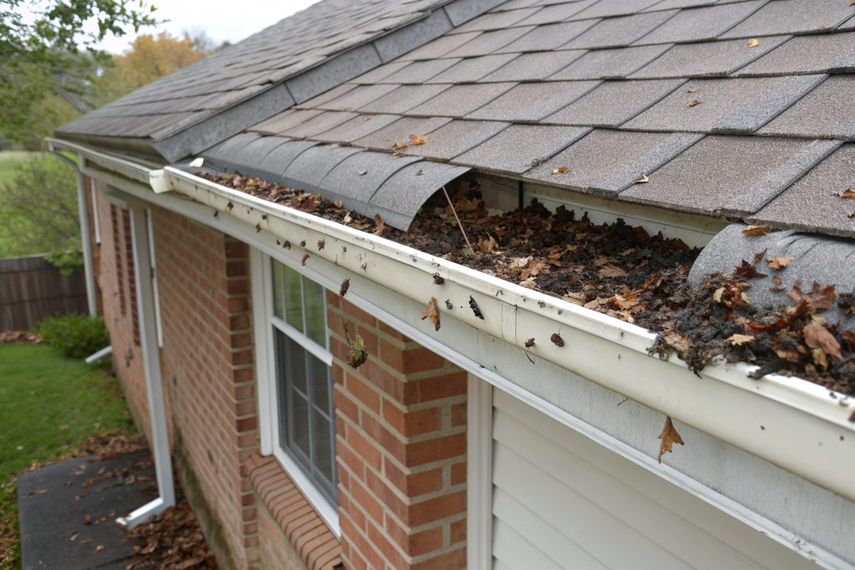 A gutter full of shingle granules and leaves below a worn roof edge on a brick house