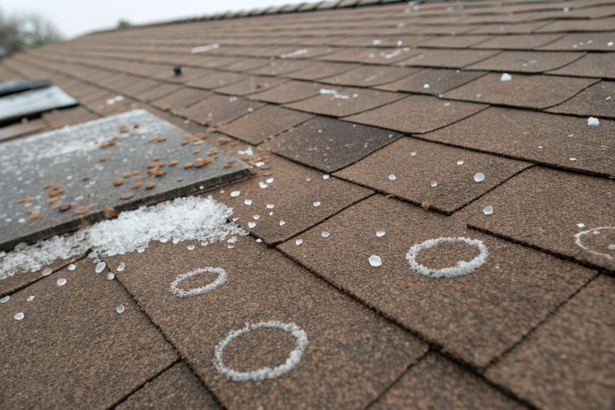 Hail marks on weathered brown shingles, with chalk circles around the hits