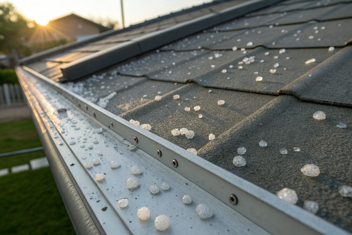 Hailstones and small dents along a gray metal roof edge and gutter