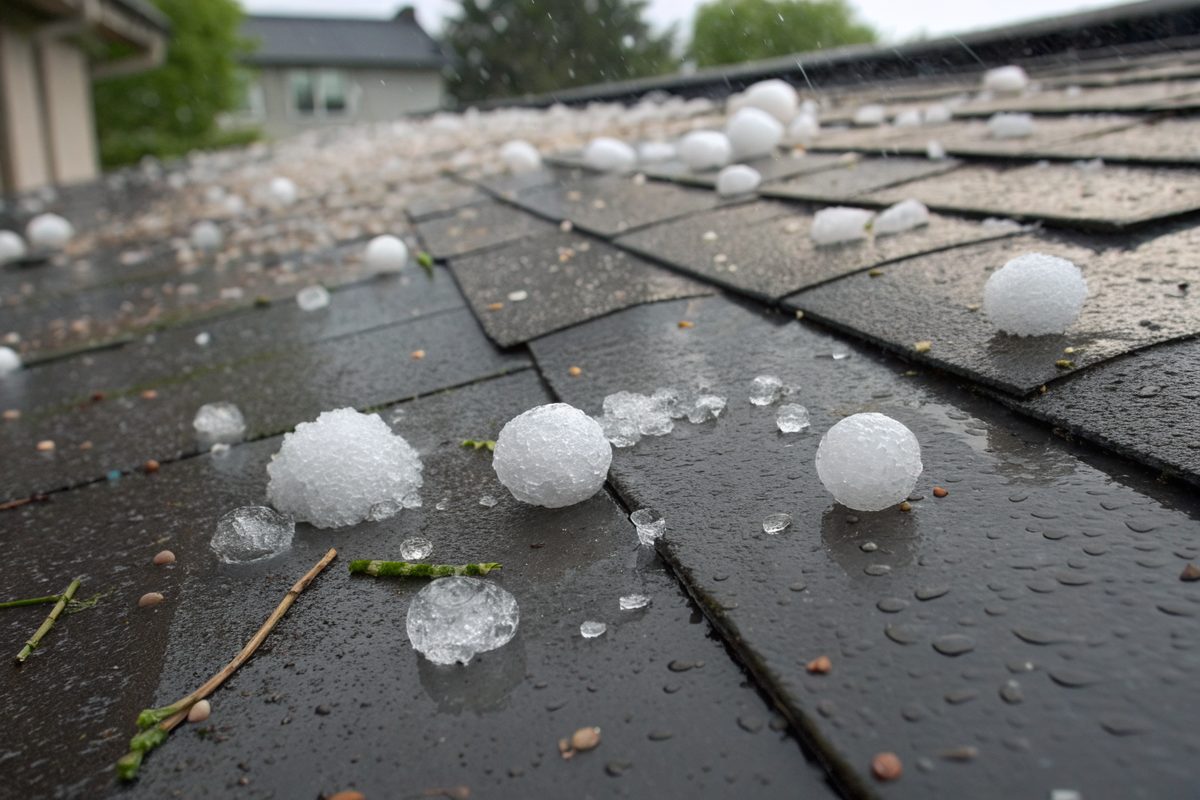 Large hailstones scattered across a wet dark shingle roof after a storm