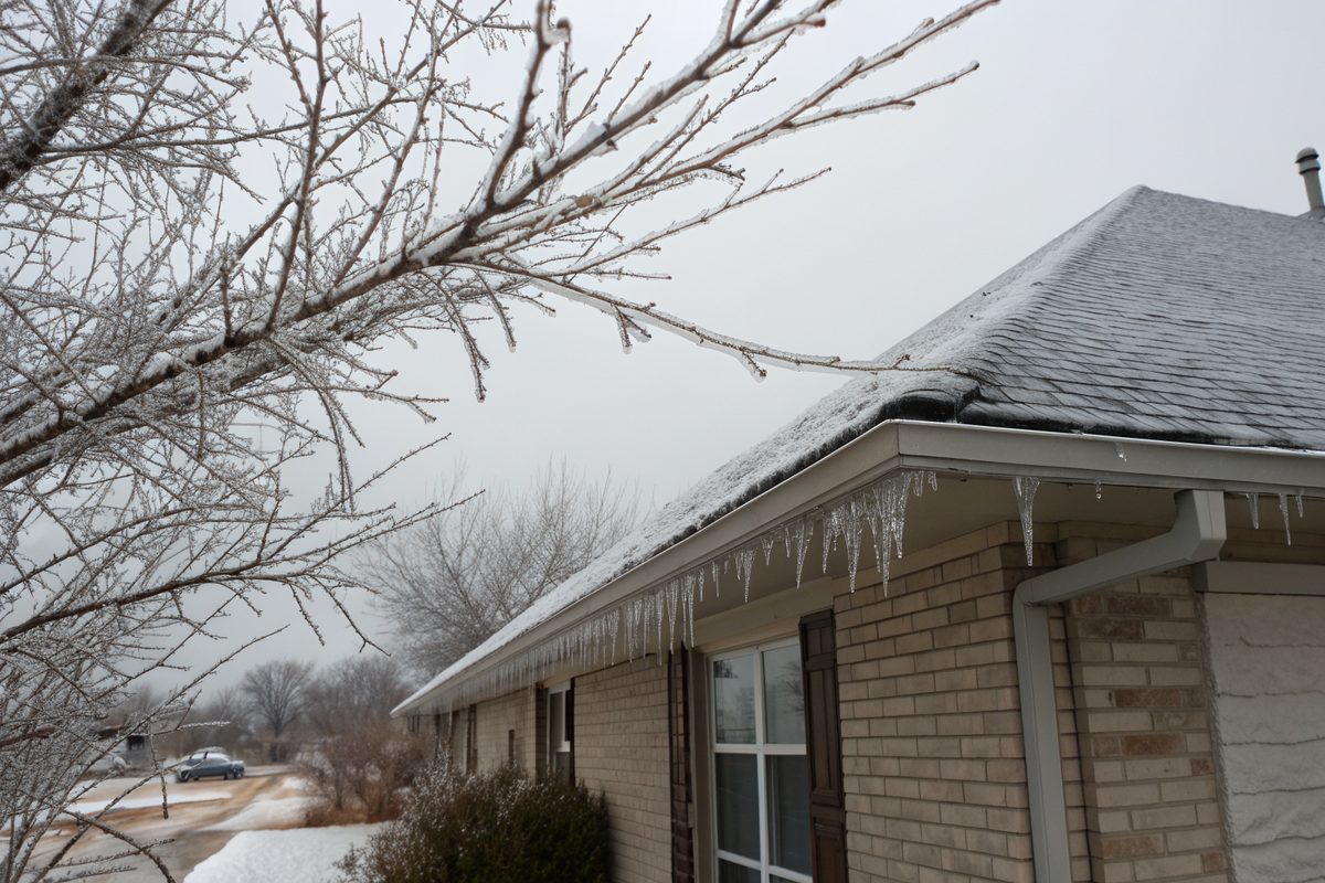 Ice coating the roof edge, gutter and bare branches of a brick home after an ice storm