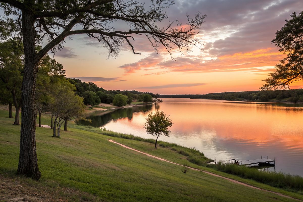 A calm lake ringed by trees at sunset
