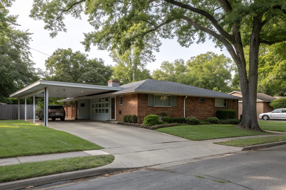 A mid-century brick ranch house with a very low-pitched roof and a carport under shade trees