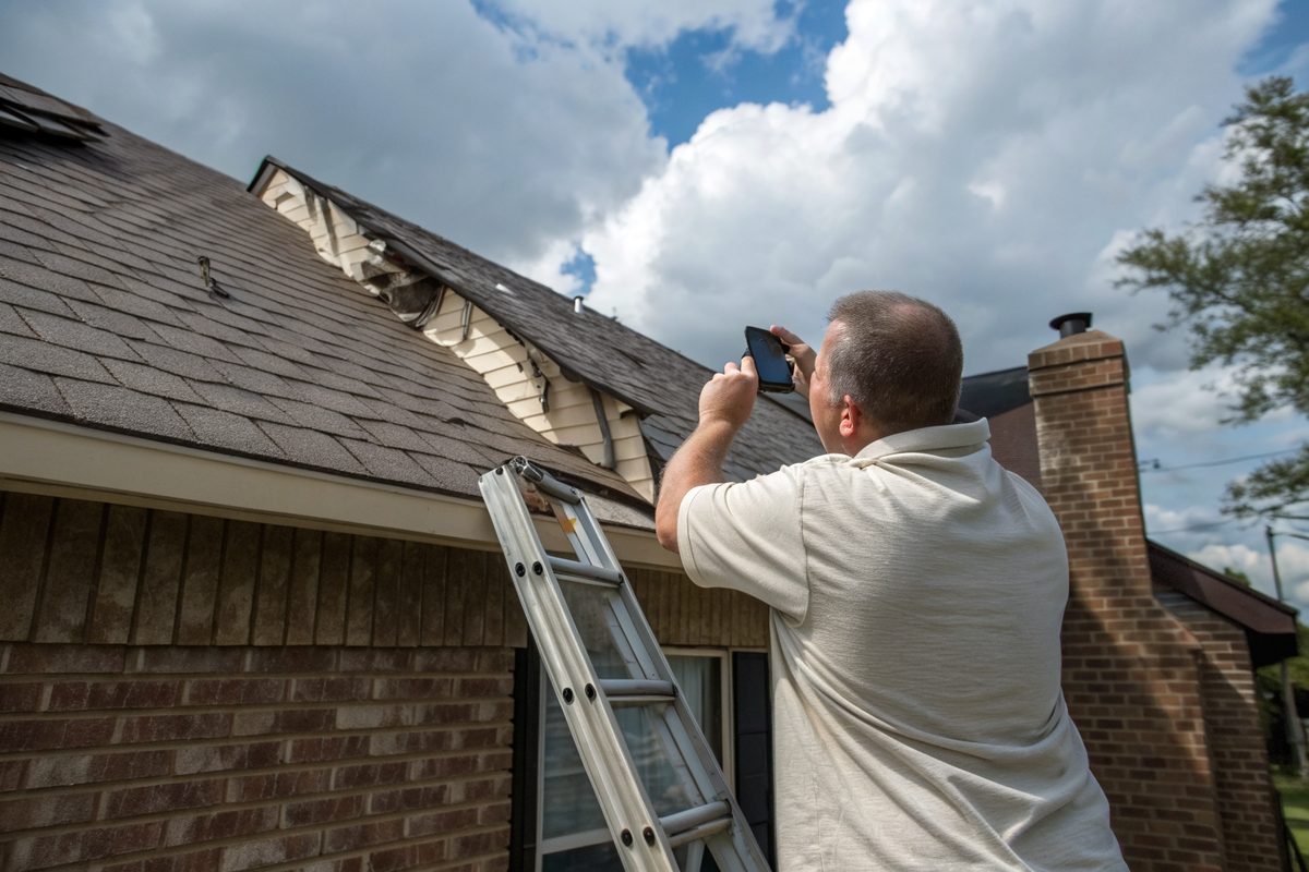 A man on a ladder photographing storm damage at the edge of a shingle roof