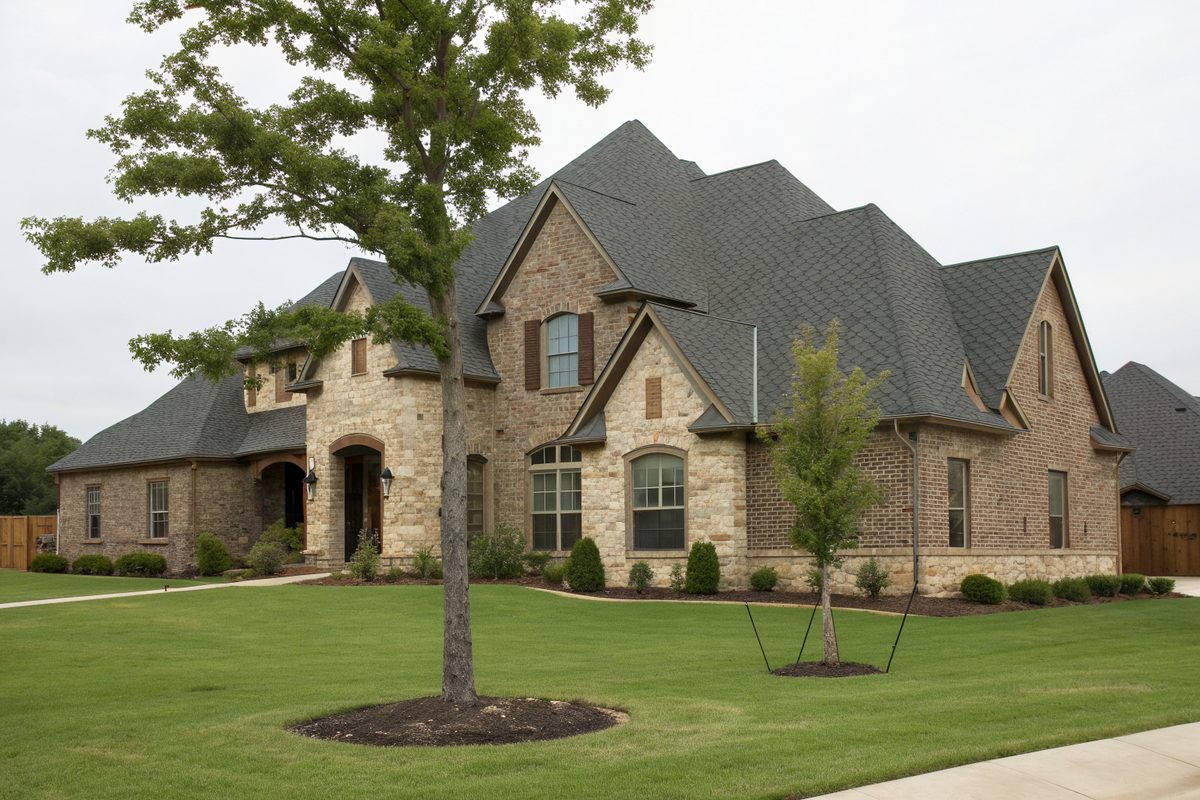 A large two-story stone and brick home with a steep dark hip roof and a young tree in the yard