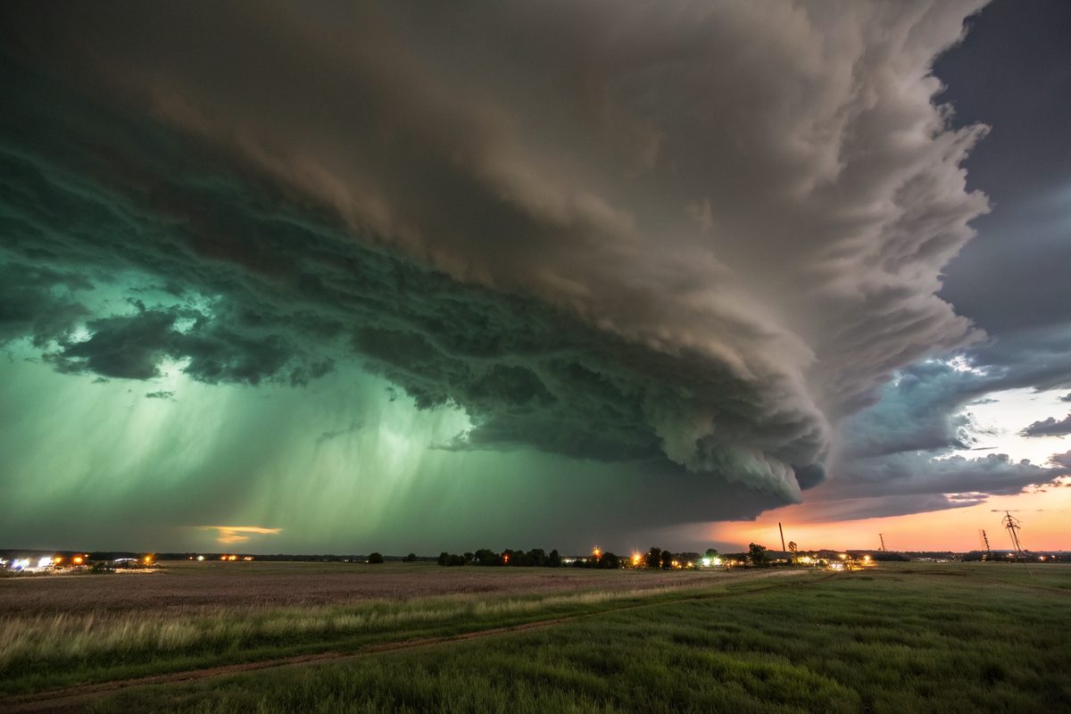 A towering green-tinted thunderstorm over open prairie at the edge of town at dusk