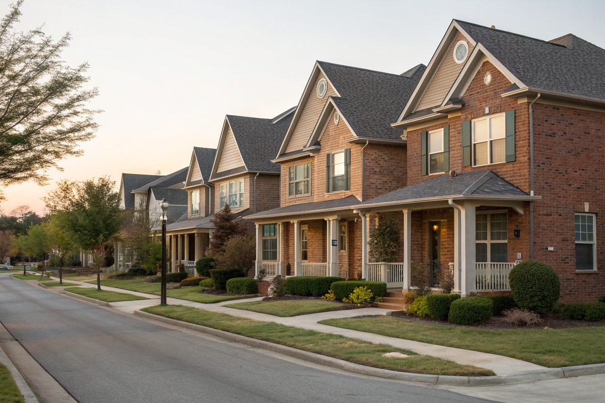 A row of two-story brick townhomes with gabled shingle roofs