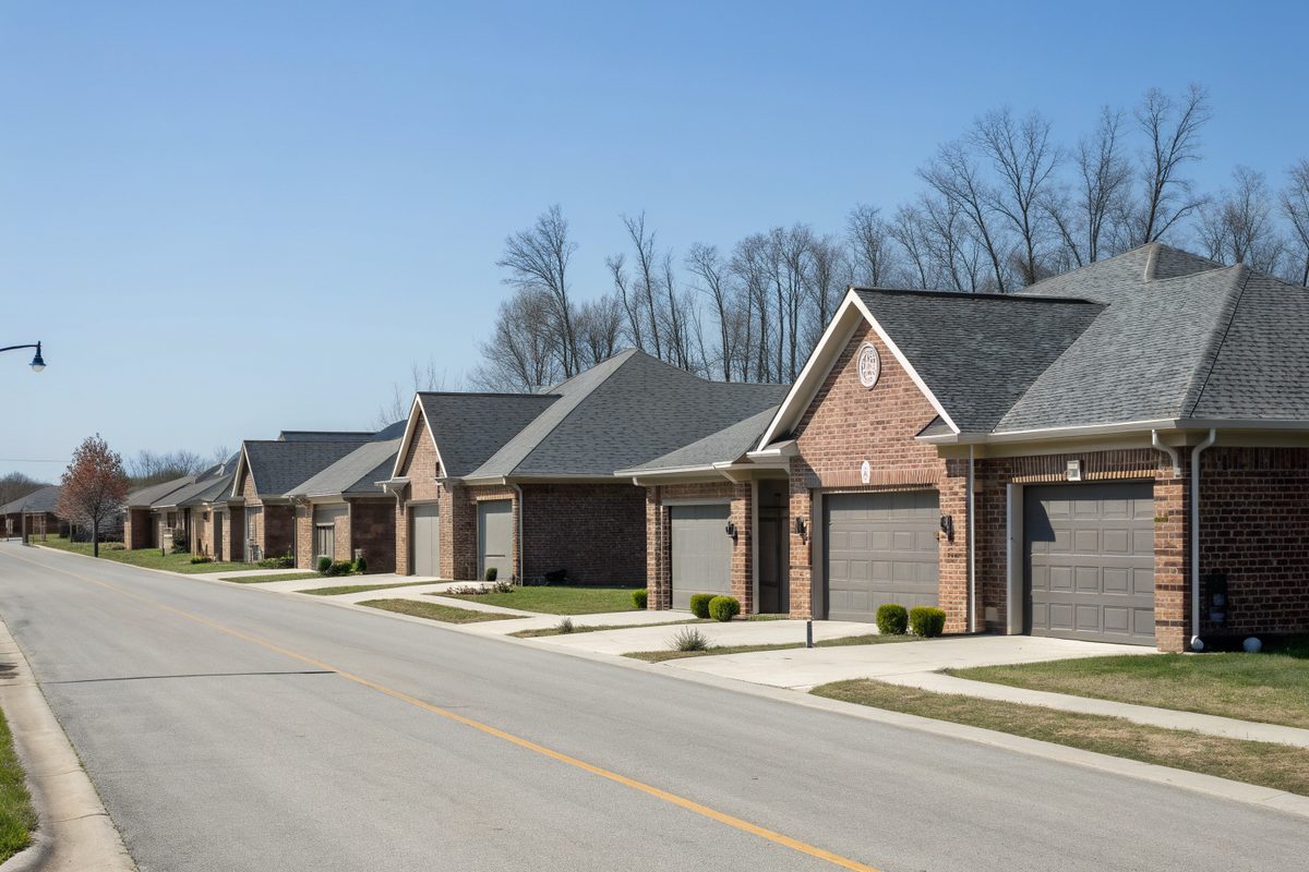 A row of single-story brick homes with matching gray shingle roofs and two-car garages