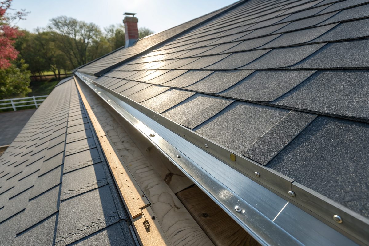 New metal valley flashing between two planes of fresh charcoal shingles