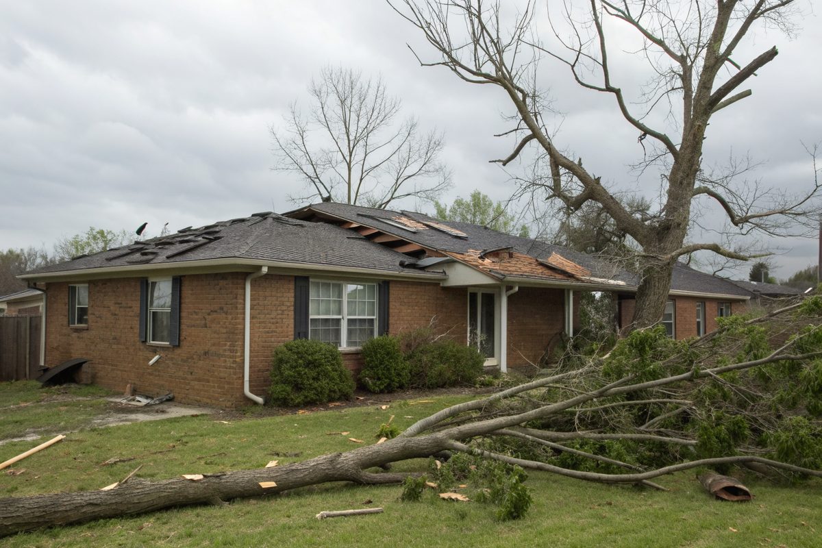 A brick ranch house with shingles torn from its roof and broken branches on the lawn